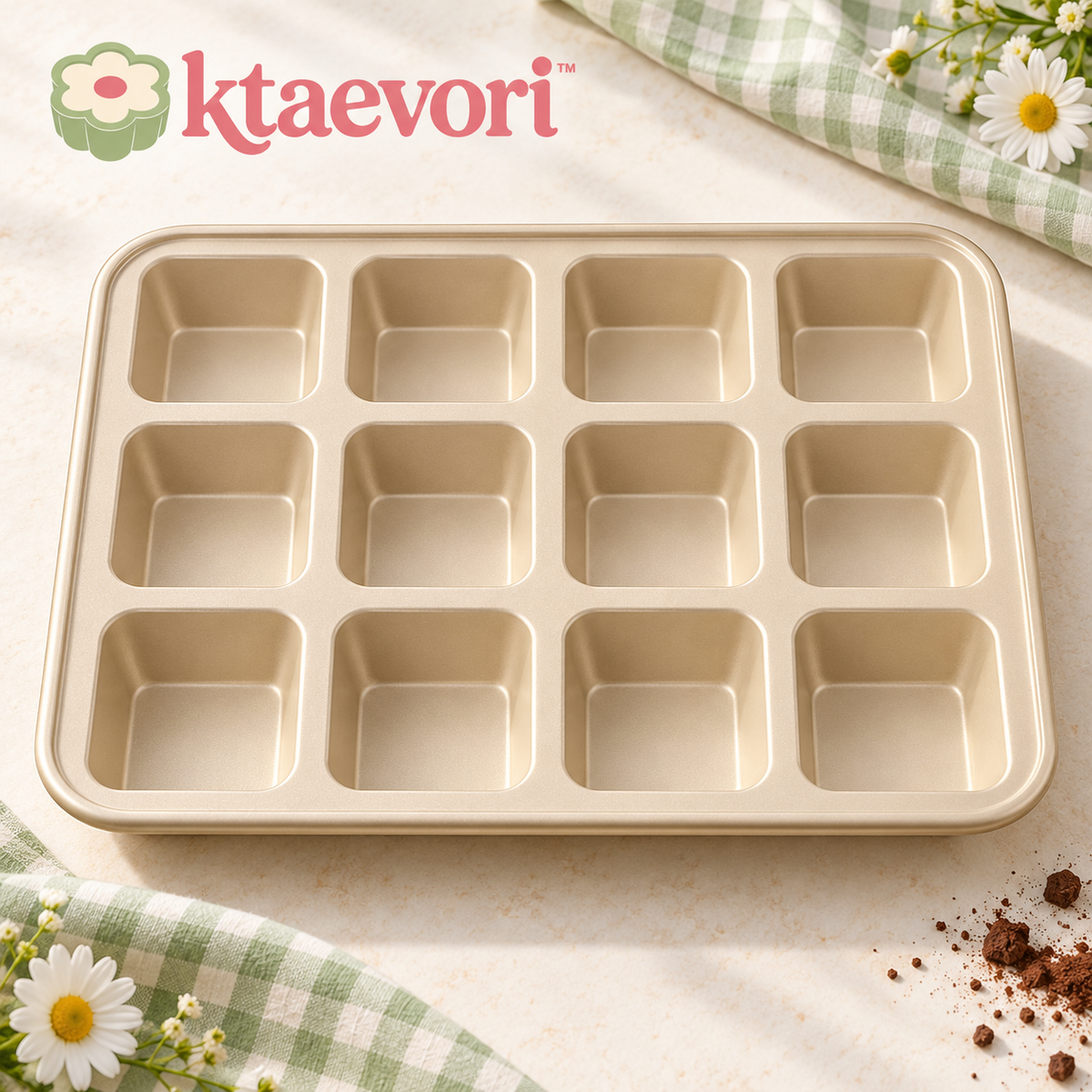 ktaevori™ Cocoa Corner 12-Cavity Brownie Bite Pan — Individual Square Carbon Steel Baking Tray for Brownies & Blondies
