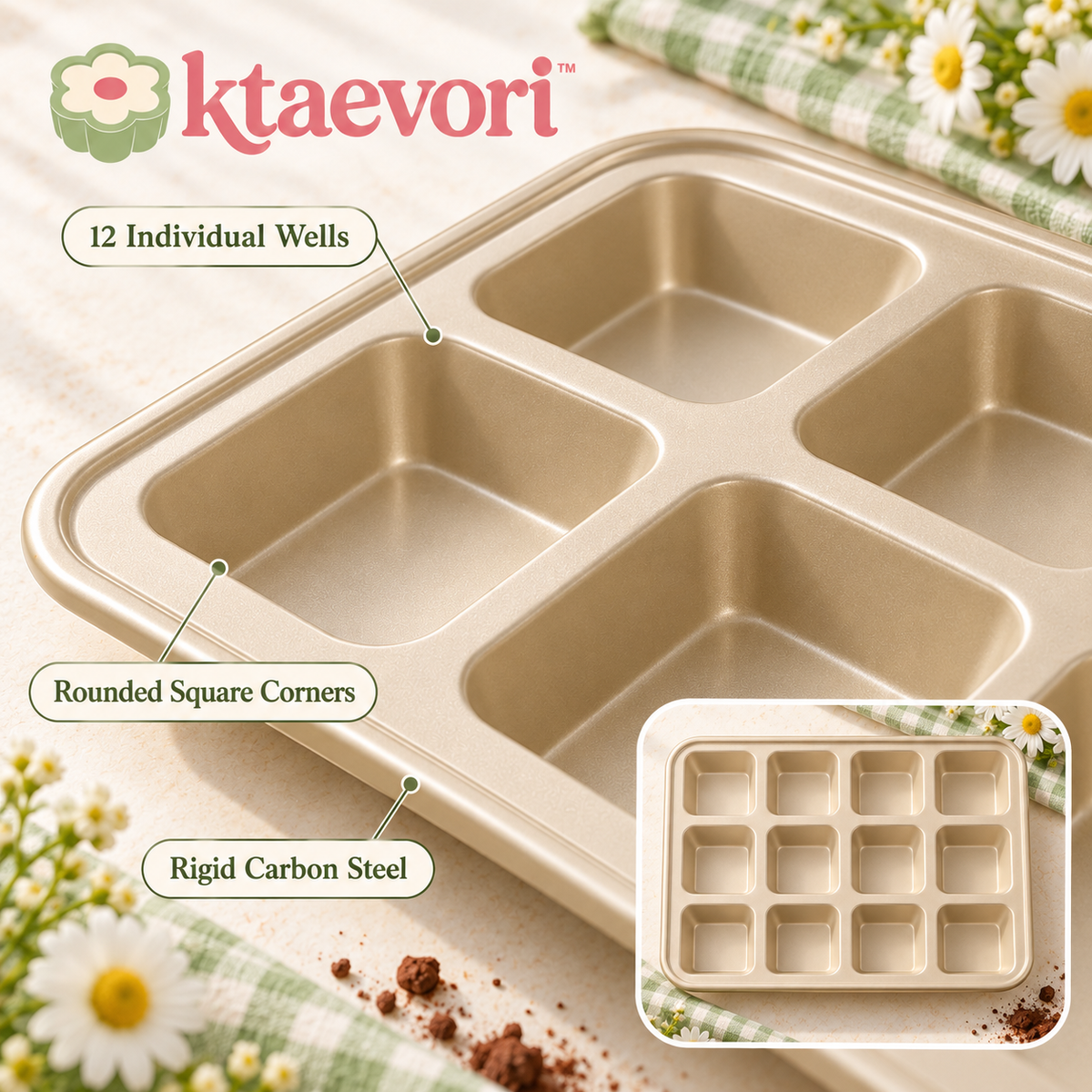 ktaevori™ Cocoa Corner 12-Cavity Brownie Bite Pan — Individual Square Carbon Steel Baking Tray for Brownies & Blondies