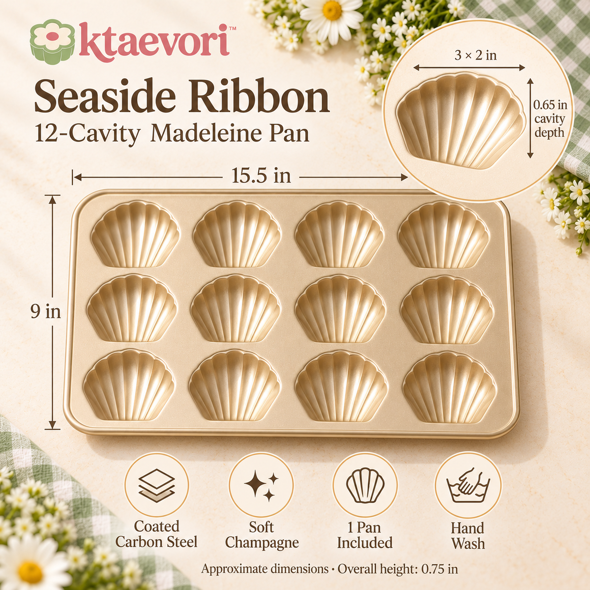 ktaevori™ Seaside Ribbon 12-Cavity Madeleine Pan — Shell-Shaped Carbon Steel Baking Tray for French Tea Cakes