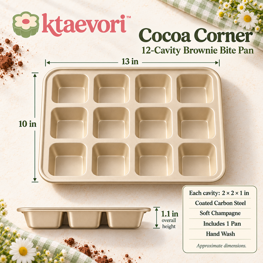 ktaevori™ Cocoa Corner 12-Cavity Brownie Bite Pan — Individual Square Carbon Steel Baking Tray for Brownies & Blondies