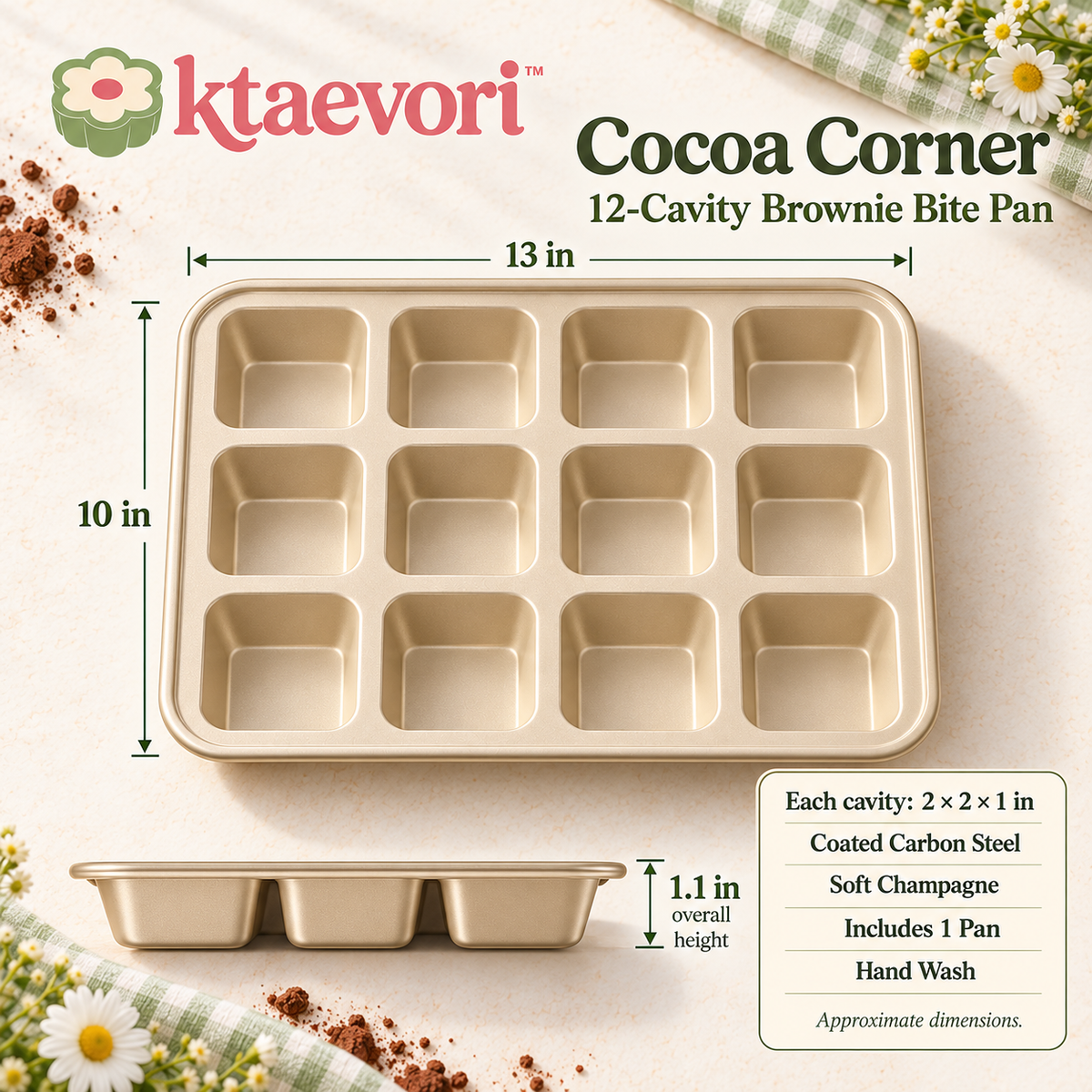 ktaevori™ Cocoa Corner 12-Cavity Brownie Bite Pan — Individual Square Carbon Steel Baking Tray for Brownies & Blondies