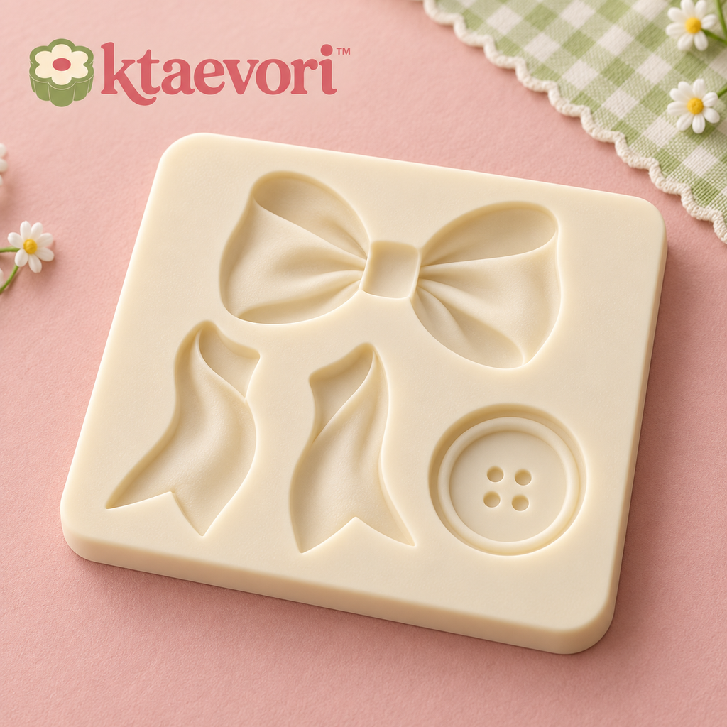 ktaevori™ Ribbon Atelier Silicone Fondant Mold — Bow, Ribbon Tail & Button Cake Decorating Mold