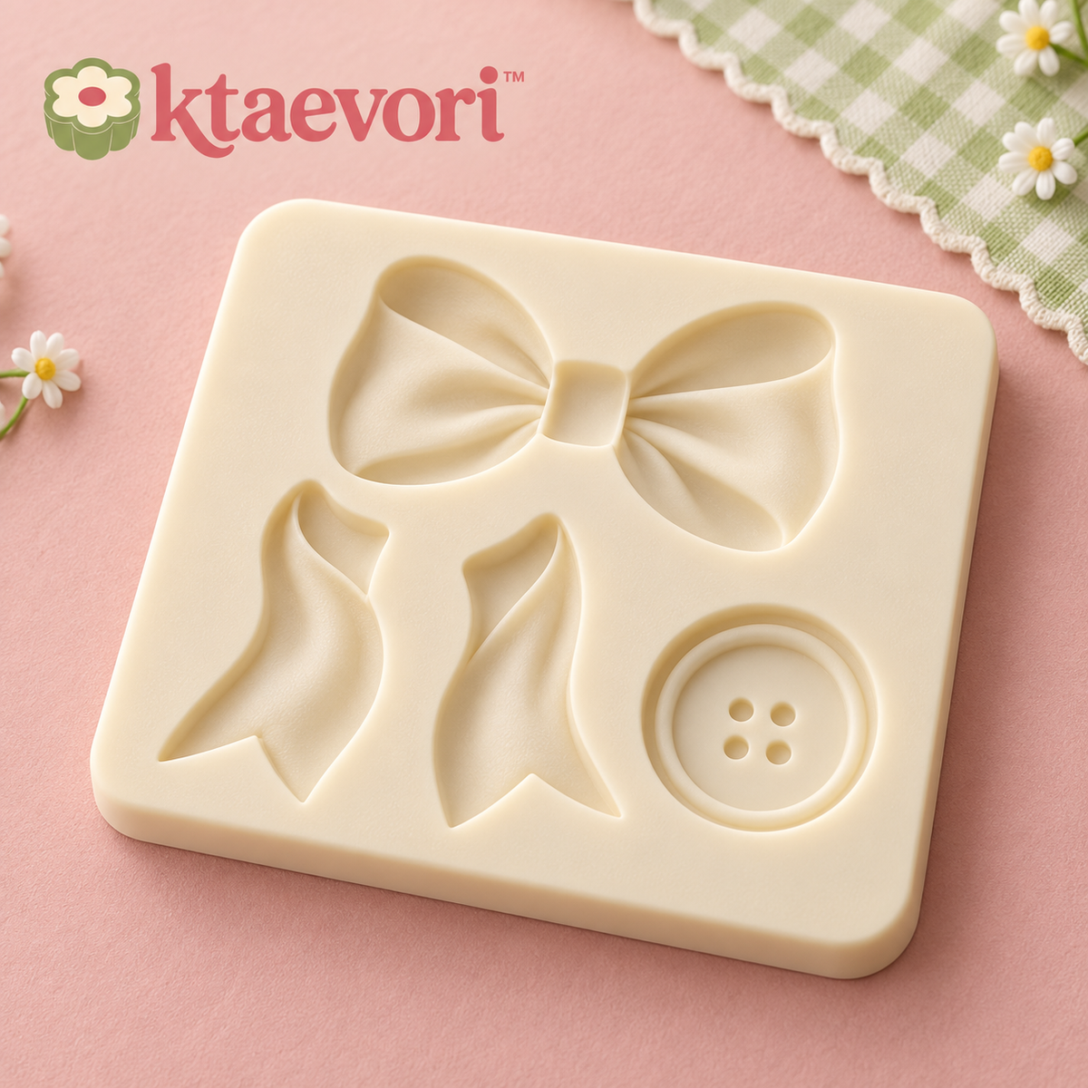 ktaevori™ Ribbon Atelier Silicone Fondant Mold — Bow, Ribbon Tail & Button Cake Decorating Mold