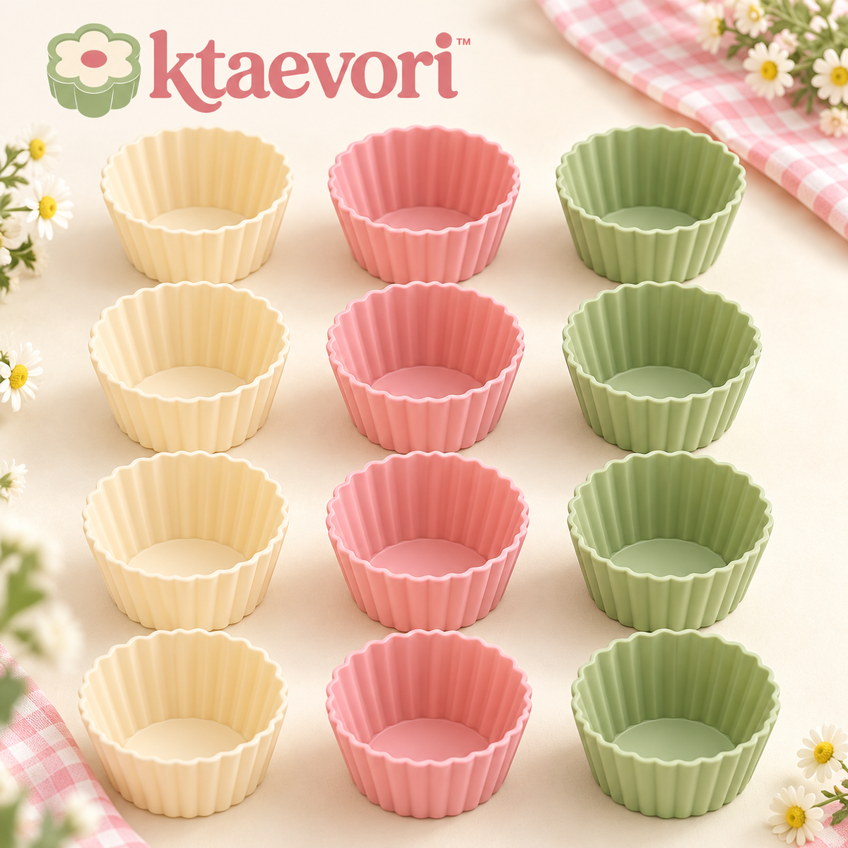 ktaevori™ Cupcake Café 12-Piece Silicone Baking Cup Set — Reusable Muffin & Cupcake Liners with Scalloped Rims