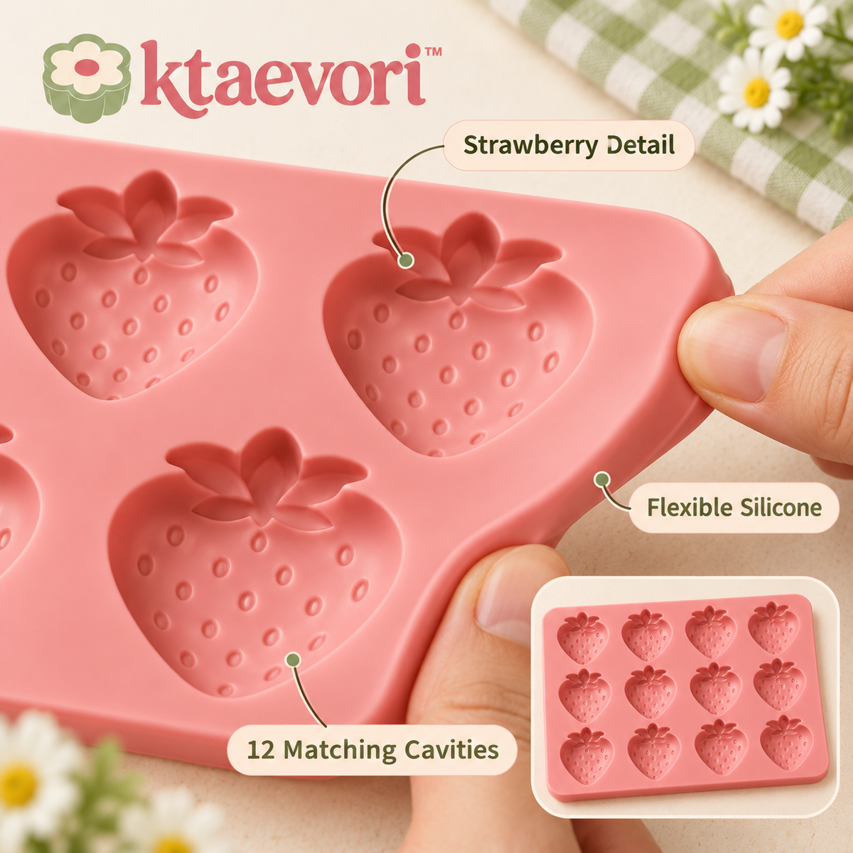 ktaevori™ Berry Bonbon 12-Cavity Silicone Chocolate Mold — Strawberry-Shaped Candy Mold for Homemade Chocolate Bites