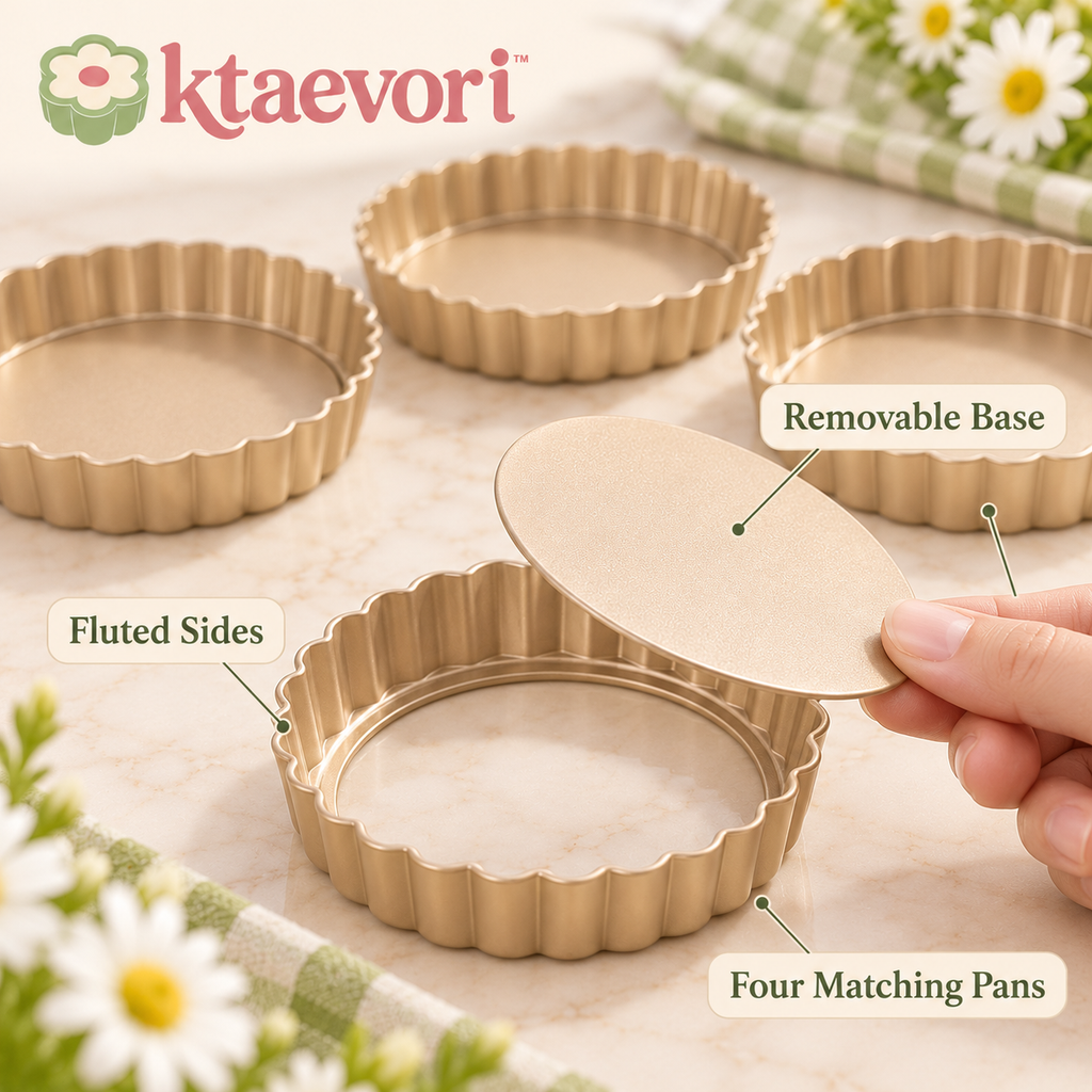 ktaevori™ Petite Patisserie 4-Piece Mini Tart Pan Set — 4-Inch Fluted Tartlet Molds with Removable Bottoms
