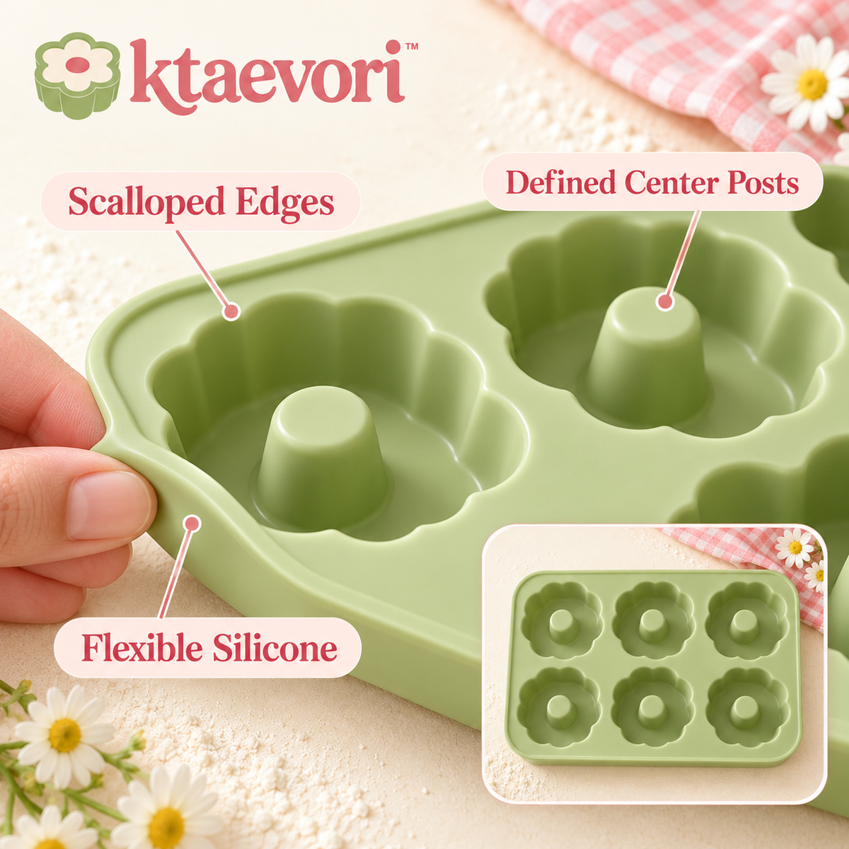 ktaevori™ Scallop Sunday 6-Cavity Silicone Donut Mold — Scalloped Baked Doughnut Pan for Homemade Treats