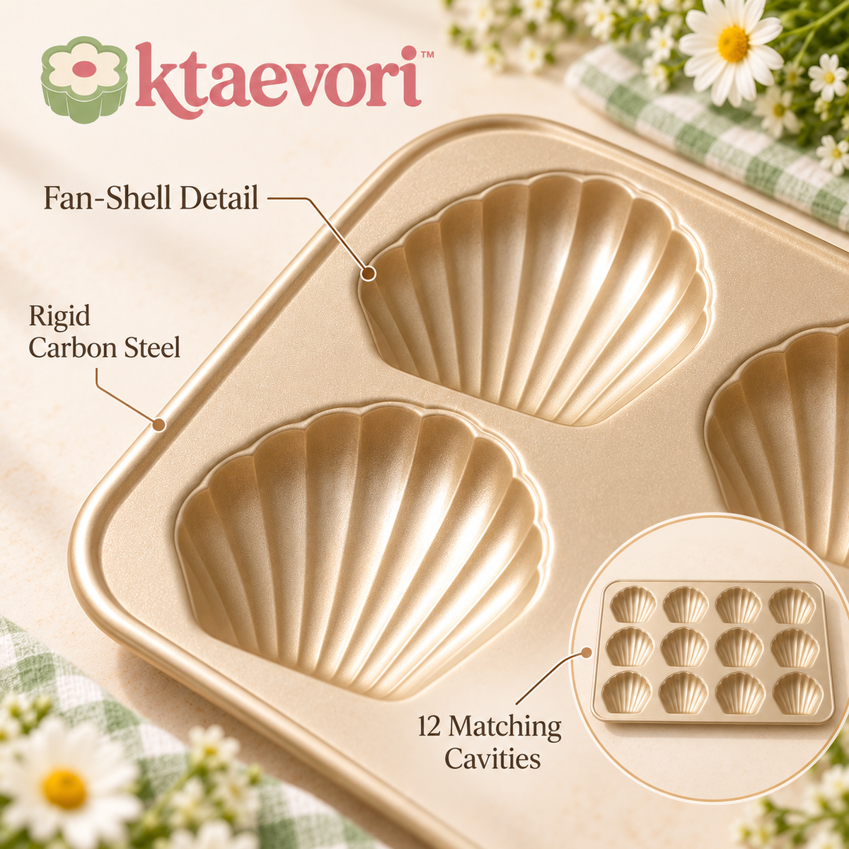 ktaevori™ Seaside Ribbon 12-Cavity Madeleine Pan — Shell-Shaped Carbon Steel Baking Tray for French Tea Cakes