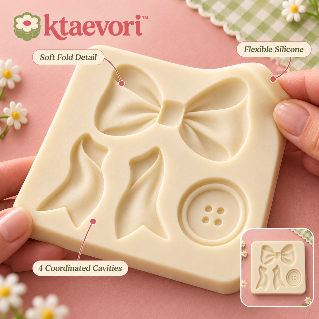 ktaevori™ Ribbon Atelier Silicone Fondant Mold — Bow, Ribbon Tail & Button Cake Decorating Mold