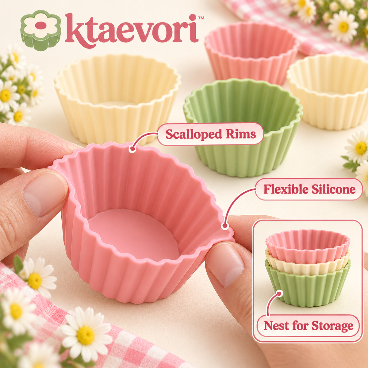 ktaevori™ Cupcake Café 12-Piece Silicone Baking Cup Set — Reusable Muffin & Cupcake Liners with Scalloped Rims