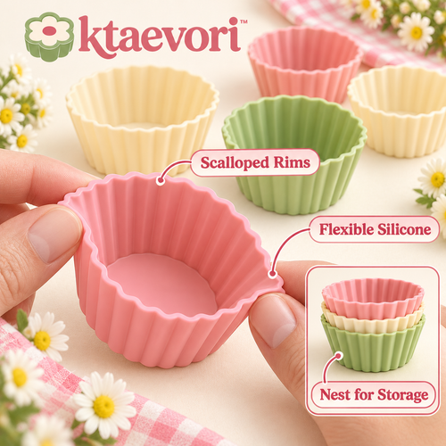 ktaevori™ Cupcake Café 12-Piece Silicone Baking Cup Set — Reusable Muffin & Cupcake Liners with Scalloped Rims