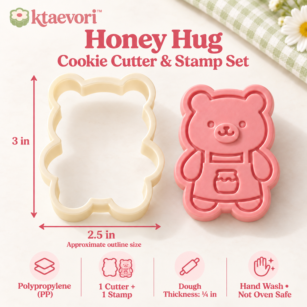 ktaevori™ Honey Hug Bear Cookie Cutter & Stamp Set — 3-Inch Sugar Cookie Cutter, Embossing Press & Decorating Tool