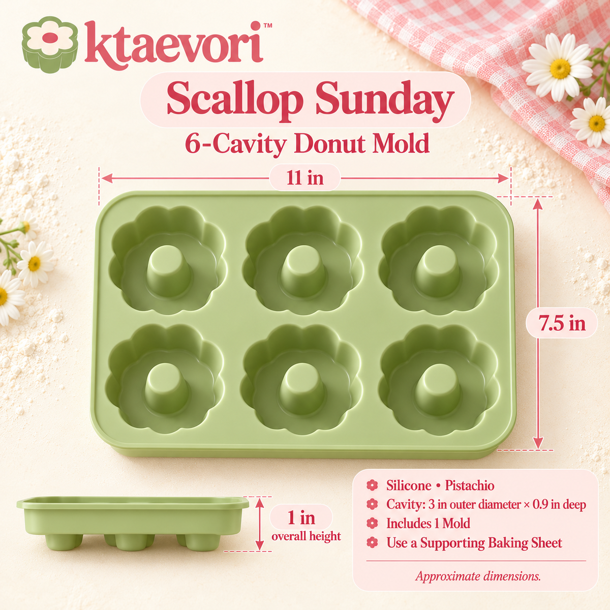 ktaevori™ Scallop Sunday 6-Cavity Silicone Donut Mold — Scalloped Baked Doughnut Pan for Homemade Treats