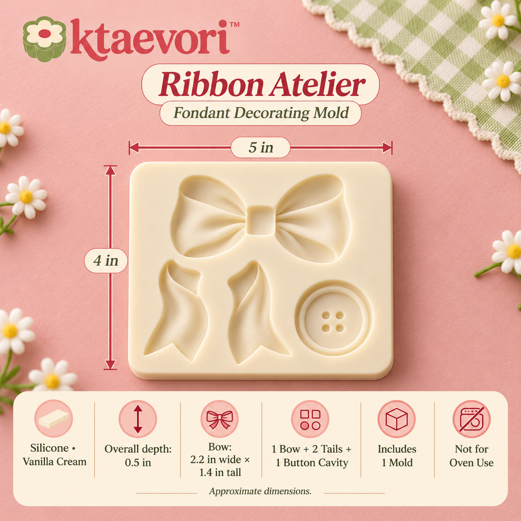 ktaevori™ Ribbon Atelier Silicone Fondant Mold — Bow, Ribbon Tail & Button Cake Decorating Mold