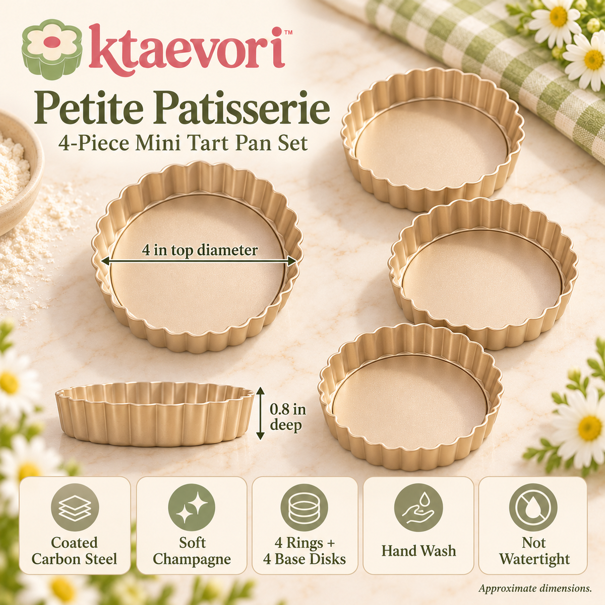 ktaevori™ Petite Patisserie 4-Piece Mini Tart Pan Set — 4-Inch Fluted Tartlet Molds with Removable Bottoms