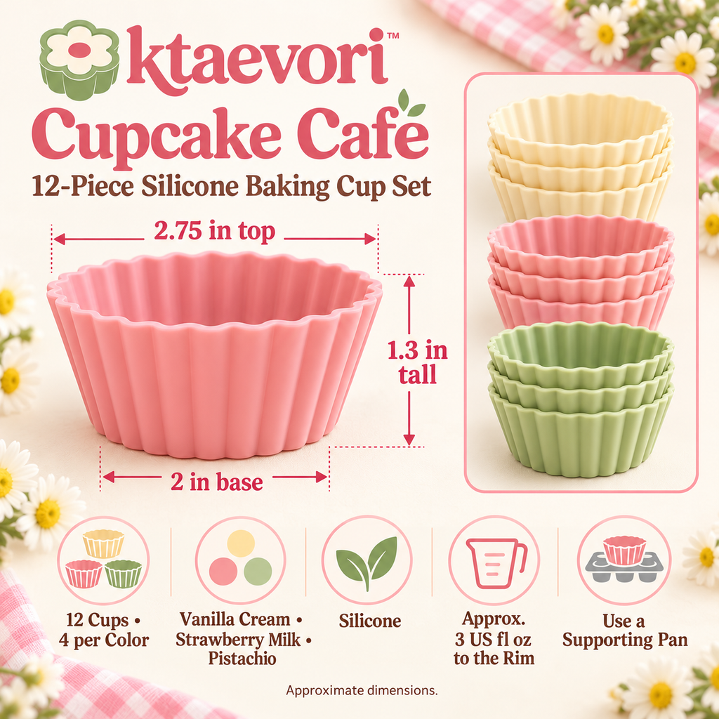 ktaevori™ Cupcake Café 12-Piece Silicone Baking Cup Set — Reusable Muffin & Cupcake Liners with Scalloped Rims