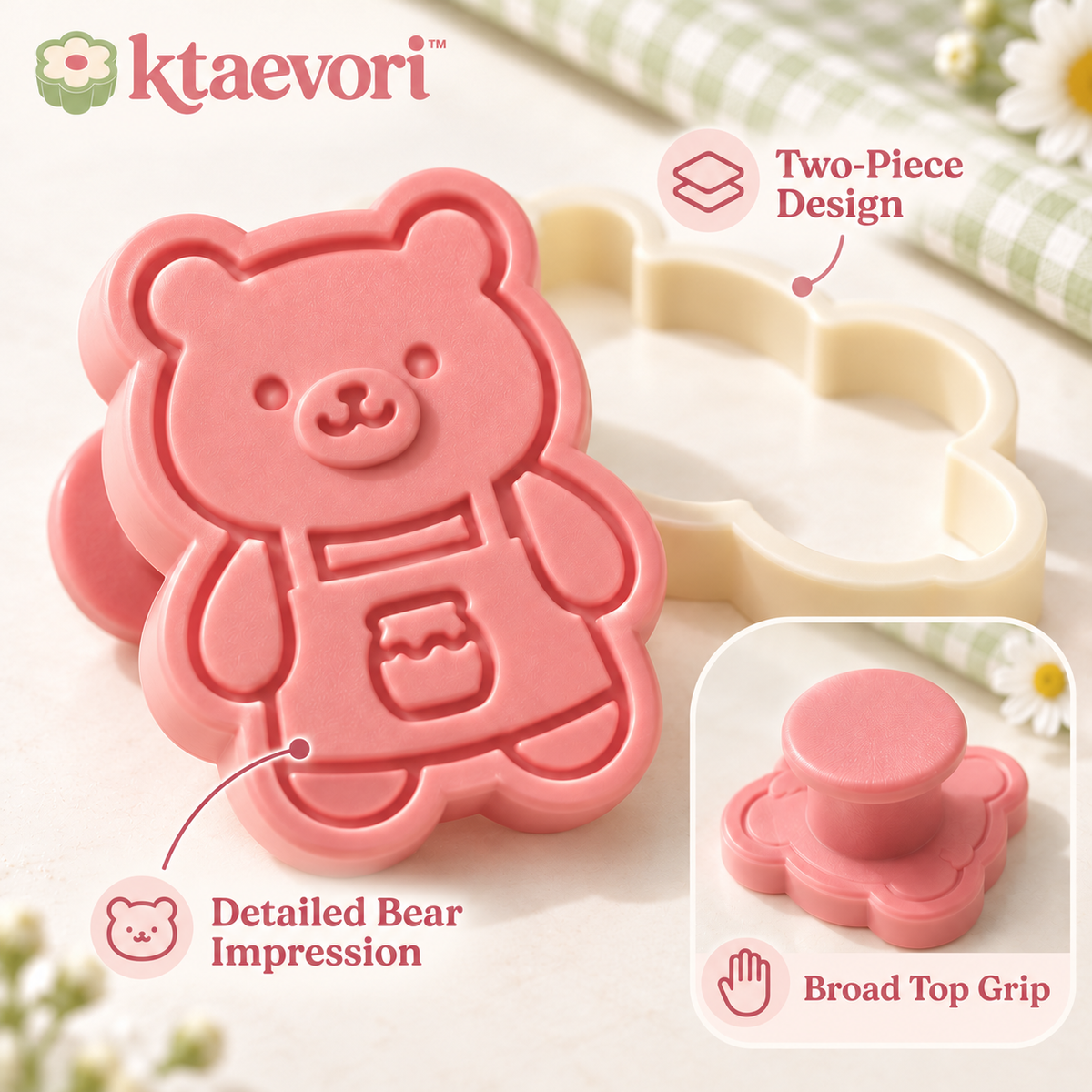 ktaevori™ Honey Hug Bear Cookie Cutter & Stamp Set — 3-Inch Sugar Cookie Cutter, Embossing Press & Decorating Tool